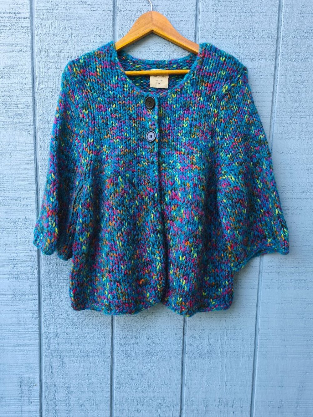 Relativity Wool Mohair Alpaca Rainbow Chunky Knit Cardigan sz 2X Teal Boho Artsy